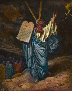 Representasjon av Moses med de nye lovens tavler på Sinai-fjellet - gravering av Gustave Dore (1832-1883) - senere fargelegging av Gustave Dore