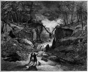 Representation of an opera: the crazy tomb in the torrent - Last scene, act II of the “Pardon de Ploermel”, comic opera of 1859 on a libretto by Michel Carre (1819-1872) and Jules Barbier (1822-1901), and a music by Giacomo Meyerbeer (1791-1864) - Theatre  av Gustave Dore