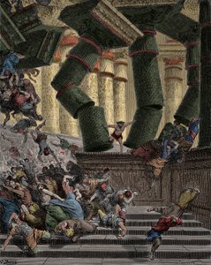 Samson tar ned Dagons tempel Gravering av Gustave Dore (1832-1883) av Gustave Dore