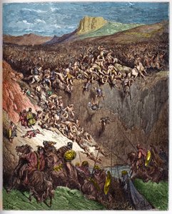 Samson destroying the Philistines with the jawbone of an butt - Samson kills the Philistines with a donkey jaw - - engraving in “” The Bible illustree”” by Gustave Dore (1832-1883) - Engraving from “” The Dore Bible”” av Gustave Dore