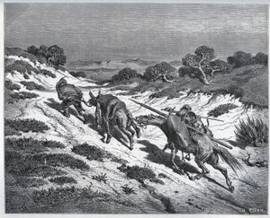Sancho Panza, Don Quijote og deres fjell etter deres nederlag mot Yangers - fra "" Don Quixote de la Mancha"" av Miguel Cervantes (1547-1616) (Don Quixote) - Tresnitt etter tegning av Gustave Dore av Gustave Dore