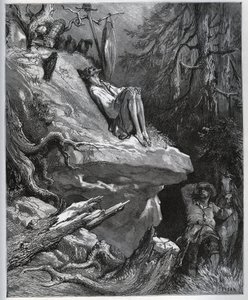 Sancho Panza finner sin herre, alltid i bot - fra "" Don Quixote de la Mancha"" av Miguel Cervantes (1547-1616) (Don Quixote) - Tresnitt etter tegning av Gustave Dore av Gustave Dore