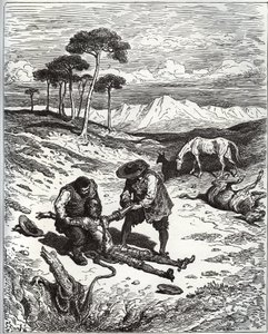 Sancho og kusinen trekker Don Quijote (sovende) ut av Montesinos