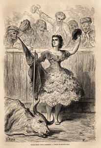 Tyrefektingsscene: triumfen til Teresa Bolsi, andalusisk torrera, som hilser forsamlingen som hyller ham i Sevilla. Skisse tatt live av Gustave Dore (1832-1883). Gravering for å illustrere reisen i Spania, i 1862 av Charles Davillier og G av Gustave Dore