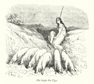 Hun holder grisene (gravering) av Gustave Dore