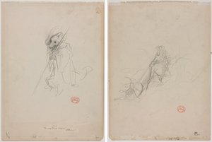 Skisse for "The Wolf Turned Shepherd" (recto) Skisse av jaktscene (verso) av Gustave Dore