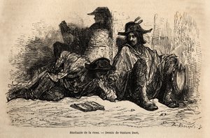 Studenter av tunfisk (eller tunantes) i distriktet ved Universitetet i Alcala de Henares, det særegne til disse studentene som har adoptert ledig, fri og vandrende liv er ikke å studere, skisser på live av Gustave Dore. Gravering for å illustrere reisen av Gustave Dore