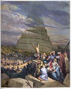 TOWER OF BABEL - The Tower of Babel illustrasjon av Genesis og språkforvirring av Yahve. Til høyre diskuterer kong Nimrud (eller Nimrod, Nemrod) med arkitektene - gravering i "The Bible illustree" av Gustave Dore (1832-1883) - Gravering fra "" Th av Gustave Dore