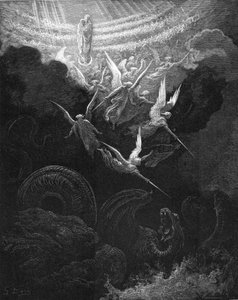 Erkeengelen Michael og englene hans kjempet mot dragen, 1865-1866 av Gustave Dore
