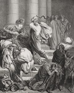 Kjøperne og selgerne drevet ut av templet, Lukas 19:45-46, illustrasjon fra Dores 