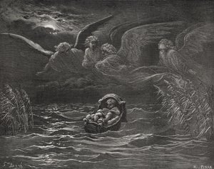 The Child Moses on the Nile, 2. Mosebok 2:1-4, illustrasjon fra Dores 