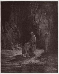 Den guddommelige komedie (La Divina Comedia, La Divine Comedie), Purgatorio, Canto 7: Poeten Sordello, forbløffet, kneler foran Vergil - av Dante Alighieri (1265-1321) - Illustrasjon av Gustave Dore (1832-1883) av Gustave Dore