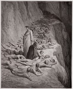The Divine Comedy (La Divina Comedy, La Divine Comedie), Purgatorio, Canto 19: The souls of the avaricious: Adrian V speaks to Dante - av Dante Alighieri (1265-1321) - Illustrasjon av Gustave Dore (1832-1883) av Gustave Dore