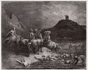 The Divine Comedy (La Divina Commedia, La Divine Comedie), Inferno, Canto 12: Nessus and the centaurs - av Dante Alighieri (1265-1321) - Illustrasjon av Gustave Dore (1832-1883) av Gustave Dore