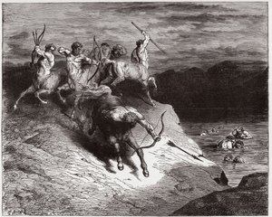 The Divine Comedy (La Divina Commedia, La Divine Comedie), Inferno, Canto 12: Kentaurene angriper sjelene i kokende blod - av Dante Alighieri (1265-1321) - Illustrasjon av Gustave Dore (1832-1883) av Gustave Dore