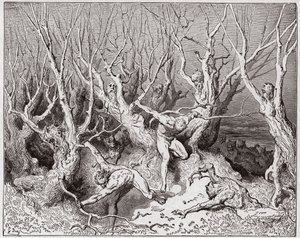 The Divine Comedy (La Divina Commedia, La Divine Comedie), Inferno, Canto 13: The suicides flee the forest - by Dante Alighieri (1265-1321) - Illustration by Gustave Dore (1832-1883) av Gustave Dore