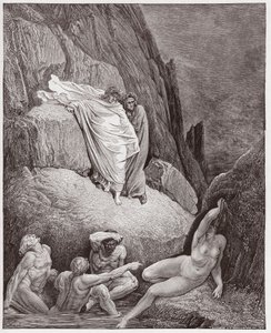The Divine Comedy (La Divina Commedia, La Divine Comedie), Inferno, Canto 18: Virgil viser Dante the shade of Thai - av Dante Alighieri (1265-1321) - Illustrasjon av Gustave Dore (1832-1883) av Gustave Dore