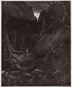 The Divine Comedy (La Divina Commedia, La Divine Comedie), Inferno, Canto 1: Løven konfronterer plutselig Dante - av Dante Alighieri (1265-1321) - Illustrasjon av Gustave Dore (1832-1883) av Gustave Dore