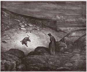 Den guddommelige komedie (La Divina Commedia, La Divine Comedie), Inferno, Canto 1: Panteren ved begynnelsen av oppstigningen - av Dante Alighieri (1265-1321) - Illustrasjon av Gustave Dore (1832-1883) av Gustave Dore