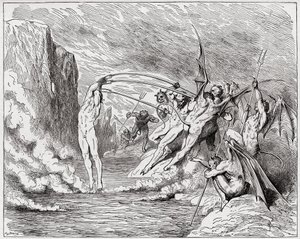 The Divine Comedy (La Divina Commedia, La Divine Comedie), Inferno, Canto 21: Devils torment the barrators - av Dante Alighieri (1265-1321) - Illustrasjon av Gustave Dore (1832-1883) av Gustave Dore
