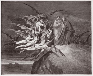 Den guddommelige komedie (La Divina Commedia, La Divine Comedie), Inferno, Canto 21: Demonene truer Virgil - av Dante Alighieri (1265-1321) - Illustrasjon av Gustave Dore (1832-1883) av Gustave Dore