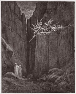 The Divine Comedy (La Divina Commedia, La Divine Comedie), Inferno, Canto 23: Poetene unnslipper demonene i den femte bolgia - av Dante Alighieri (1265-1321) - Illustrasjon av Gustave Dore (1832-1883) av Gustave Dore