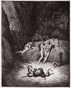 The Divine Comedy (La Divina Commedia, La Divine Comedie), Inferno, Canto 25: Agnello transformerer seg til en slange - av Dante Alighieri (1265-1321) - Illustrasjon av Gustave Dore (1832-1883) av Gustave Dore
