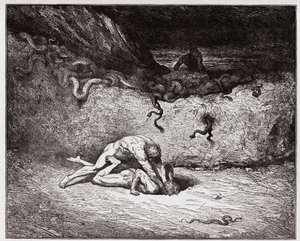 The Divine Comedy (La Divina Commedia, La Divine Comedie), Inferno, Canto 30: The torment of the forgers in the niende bolgia (Gianni Schicchi) - av Dante Alighieri (1265-1321) - Illustrasjon av Gustave Dore (1832-1883) av Gustave Dore