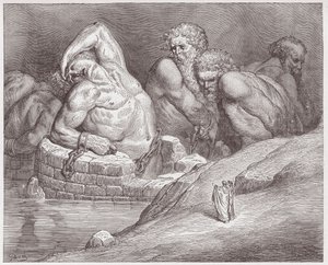 The Divine Comedy (La Divina Commedia, La Divine Comedie), Inferno, Canto 31: Ephialtes in manacles among the gigants - av Dante Alighieri (1265-1321) - Illustrasjon av Gustave Dore (1832-1883) av Gustave Dore