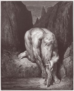 The Divine Comedy (La Divina Commedia, La Divine Comedie), Inferno, Canto 31: Den gigantiske Antaeus senker Dante og Virgil ned i den siste sirkelen - av Dante Alighieri (1265-1321) - Illustrasjon av Gustave Dore (1832-1883) av Gustave Dore