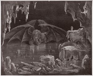 The Divine Comedy (La Divina Commedia, La Divine Comedie), Inferno, Canto 34: Lucifer, konge av helvete, frosset i isen - av Dante Alighieri (1265-1321) - Illustrasjon av Gustave Dore (1832-1883) av Gustave Dore