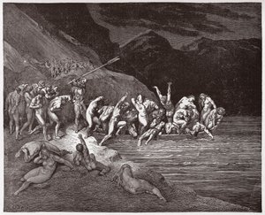 The Divine Comedy (La Divina Commedia, La Divine Comedie), Inferno, Canto 3: De dødsdømte sjelene tar fatt på å krysse Acheron - av Dante Alighieri (1265-1321) - Illustrasjon av Gustave Dore (1832-1883) av Gustave Dore
