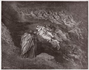 The Divine Comedy (La Divina Commedia, La Divine Comedie), Inferno, Canto 5: The soul of Francesca speaks to Dante - av Dante Alighieri (1265-1321) - Illustrasjon av Gustave Dore (1832-1883) av Gustave Dore