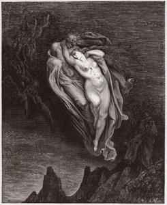 The Divine Comedy (La Divina Commedia, La Divine Comedie), Inferno, Canto 5: The souls of Paolo and Francesca - av Dante Alighieri (1265-1321) - Illustrasjon av Gustave Dore (1832-1883) av Gustave Dore