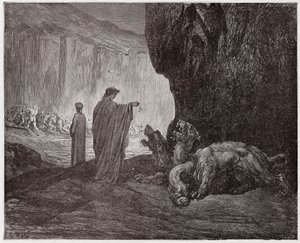 The Divine Comedy (La Divina Commedia, La Divine Comedie), Inferno, Canto 6: Virgil mater Cerberus i den tredje sirkelen - av Dante Alighieri (1265-1321) - Illustrasjon av Gustave Dore (1832-1883) av Gustave Dore