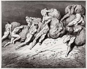 The Divine Comedy (La Divina Commedia, La Divine Comedie), Inferno, Canto 7: De griskes og de fortaptes sjeler tvunget til å rulle tunge steiner - av Dante Alighieri (1265-1321) - Illustrasjon av Gustave Dore (1832-1883) av Gustave Dore