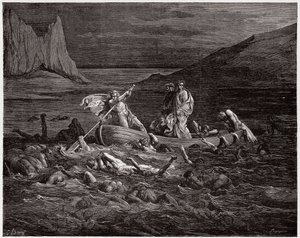 The Divine Comedy (La Divina Commedia, La Divine Comedie), Inferno, Canto 8: Phlegyas ferger Dante og Virgil over Styx - av Dante Alighieri (1265-1321) - Illustrasjon av Gustave Dore (1832-1883) av Gustave Dore