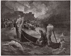Den guddommelige komedie (La Divina Commedia, La Divine Comedie), Inferno, Canto 8: Virgil og Dante går i land ved citadellet Dis - av Dante Alighieri (1265-1321) - Illustrasjon av Gustave Dore (1832-1883) av Gustave Dore