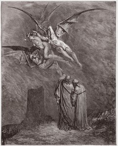 The Divine Comedy (La Divina Commedia, La Divine Comedie), Inferno, Canto 9: The hideous Erinyes: Megaera, Tisphone, Alecto - by Dante Alighieri (1265-1321) - Illustration by Gustave Dore (1832-1883) av Gustave Dore