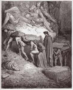 The Divine Comedy (La Divina Commedia, La Divine Comedie), Purgatorio, Canto 11: The souls of the prideful, bærende tunge steiner - av Dante Alighieri (1265-1321) - Illustrasjon av Gustave Dore (1832-1883) av Gustave Dore