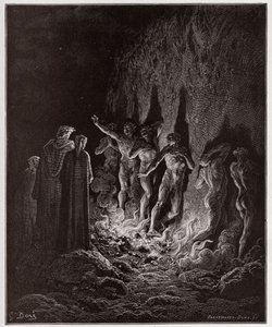 Den guddommelige komedie (La Divina Commedia, La Divine Comedie), Purgatorio, Canto 25: Den lystne passerer gjennom ild i den syvende sirkel - av Dante Alighieri (1265-1321) - Illustrasjon av Gustave Dore (1832-1883) av Gustave Dore