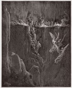 The Divine Comedy (La Divina Commedia, La Divine Comedie), Purgatorio, Canto 25: Virgil og Dante stiger opp til den syvende sirkelen gjennom flammer - av Dante Alighieri (1265-1321) - Illustrasjon av Gustave Dore (1832-1883) av Gustave Dore