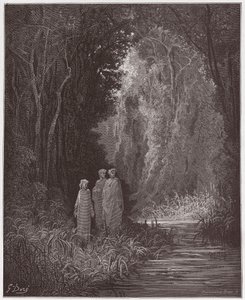 Den guddommelige komedie (La Divina Commedia, La Divine Comedie), Purgatorio, Canto 28: Dante, Virgil og Statius i den eldgamle skogen i det terrestriske paradiset - av Dante Alighieri (1265-1321) - Illustrasjon av Gustave Dore (1832-1883) ) av Gustave Dore