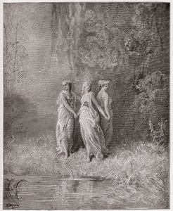 The Divine Comedy (La Divina Commedia, La Divine Comedie), Purgatorio, Canto 29: Charity, Hope, and Faith - av Dante Alighieri (1265-1321) - Illustrasjon av Gustave Dore (1832-1883) av Gustave Dore