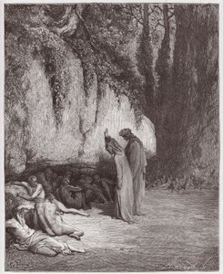 The Divine Comedy (La Divina Commedia, La Divine Comedie), Purgatorio, Canto 4: The indolent souls beside the rock - av Dante Alighieri (1265-1321) - Illustrasjon av Gustave Dore (1832-1883) av Gustave Dore