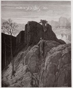 The Divine Comedy (La Divina Commedia, La Divine Comedie), Purgatorio, Canto 4: Virgil fører Dante opp den forrevne fjellsiden - av Dante Alighieri (1265-1321) - Illustrasjon av Gustave Dore (1832-1883) av Gustave Dore