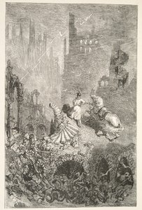 The Downfall of King Pellams Castle, fra Stories of the Days of King Arthur av Charles Henry Hanson, pub.1898 av Gustave Dore