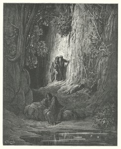 La Fontaines fabler: Voldgiftsmannen, almoneren og eremitten (gravering) av Gustave Dore