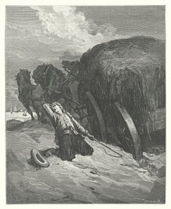 La Fontaines fabler: Vognen som sitter fast i gjørma (gravering) av Gustave Dore
