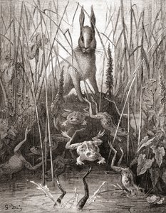 The Hare and The Frogs, fra en utgave av slutten av 1800-tallet av Fables de La Fontaine (tregravering)
